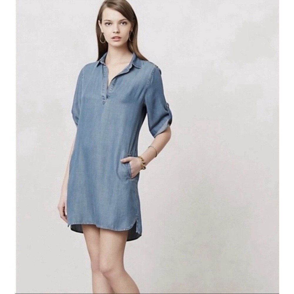Anthropologie Cloth & Stone Chambray‎ Denim Popover Shirt Dress Size Medium